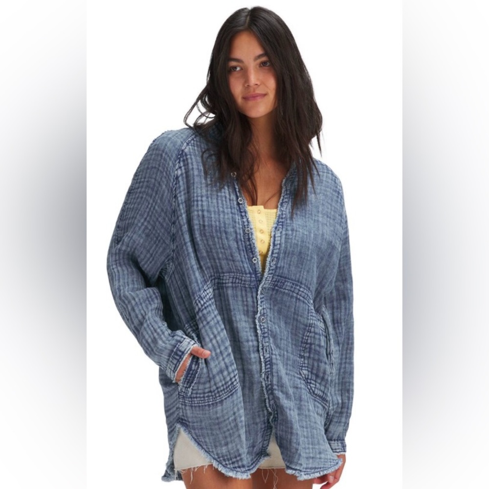 Free People We The Free Chambray Indigo Denim Oversized Jacket Shirt Small